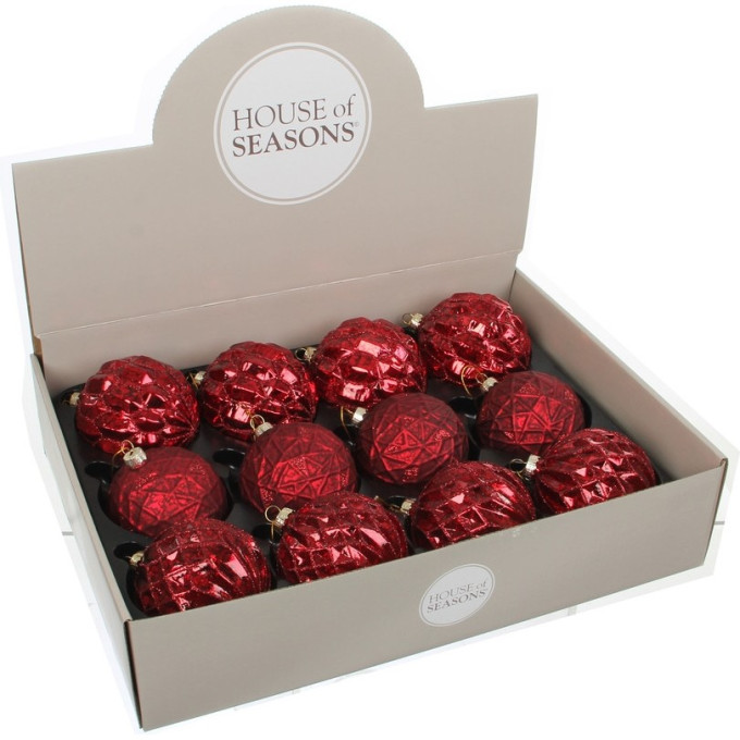 Набор HOUSE OF SEASONS, 12 шт. Стеклянных шаров, диам. 8см, красный, 3 вида 83116